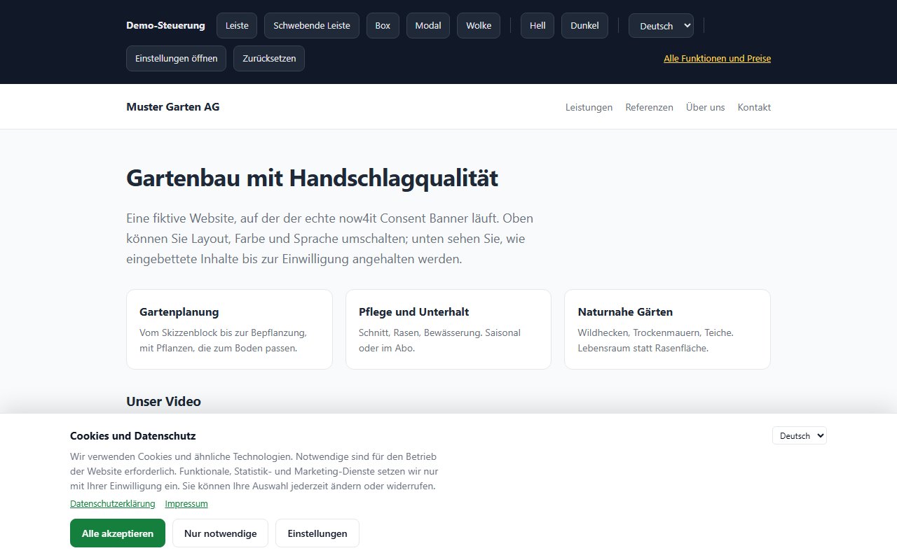 now4it Consent als Leiste am unteren Rand einer Beispiel-Website, mit den Knöpfen Alle akzeptieren, Nur notwendige und Einstellungen